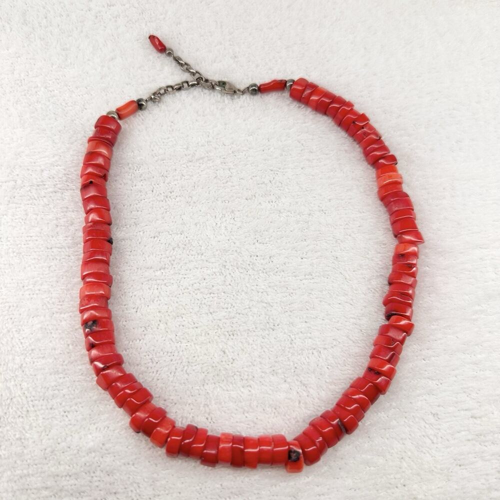 Red Coral Rondelle Beaded Necklace 925 Sterling Silver Adjustable 66g